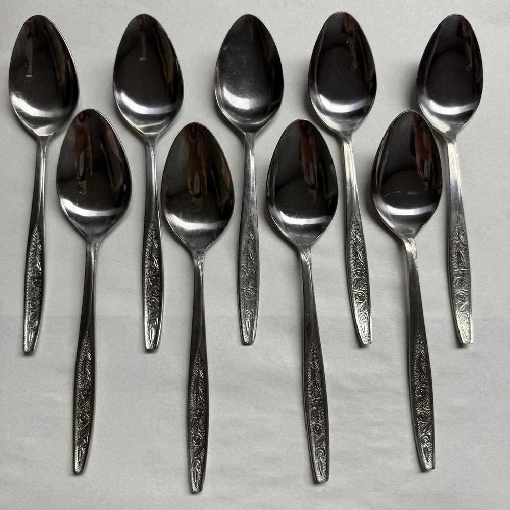 9 Vintage Customcraft CUS1 Soup Table Spoons Roses Stainless Steel Flatware